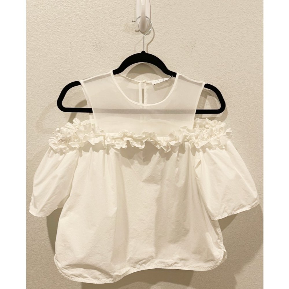 SANDRO PARIS Off Shoulder Ruffle White Blouse
